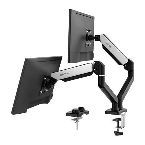 NearHub Dual Monitor Desk Mount for 13-32" Computer Screen,Adjustable Gas Spring Monitor Arm,Each Arm Holds 4.4 to 22 lbs,Swivel/Tilt/Rotation,VESA 75X75mm 100X100mm,C Clamp & Grommet Mounting Base