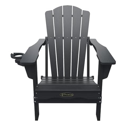 THOEOE Folding Adirondack Chair,HDPE All-Weather Outdoor Chair with Cup Holder,Wooden Textured,Fire Pit Chair,Plastic Patio Chair for Deck,Backyard,Garden,Lawn(Black) 8
