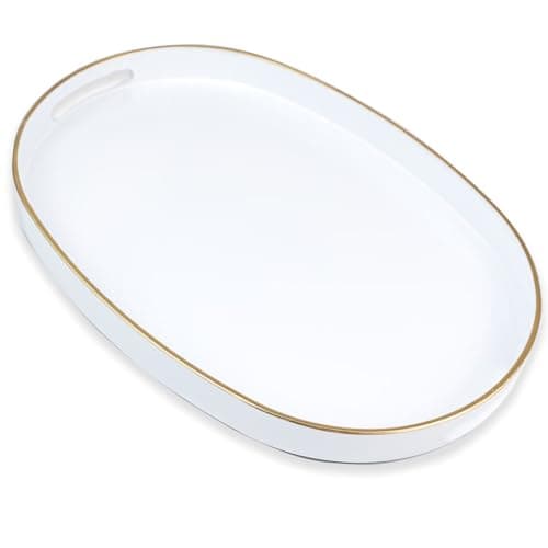 Omuriko White Oval Decorative Tray with Handles, Versatile Serving Tray for Coffee Table, Ottoman, Ideal for Serving, Displaying, Organizing