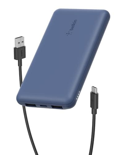 Belkin Portable Charger, USB C Power Bank 10000 mAh w/ 2xUSB-A Ports, 15W w/ Type-C to Type-A Cable - iPhone 17, Air, Pro, Pro Max, Samsung Galaxy S25, Nintendo Switch 2, Google Pixel 10, etc. - Blue