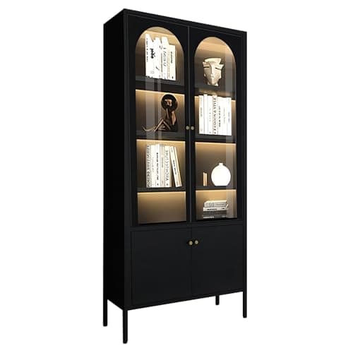 Periko Double Door Display Cabinet LED Storage Cabinet Black Home Glass Bookcase Removable partitions Ready Assembled LED Large Space Cabinet Graphite 13.77 ‘D x 27.56 “W x 66.93 ”H