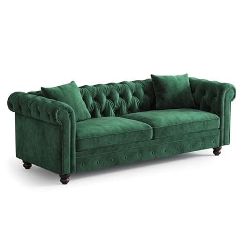 ONBRILL 82 Inch Chesterfield Sofa, 23 Inch Deep Seat Velvet Couch for Living Room, Button Tufted Couch with Rolled Arms, 2 Throw Pillows, Comfy Vintage Loveseat Sofa for Apartment, Green