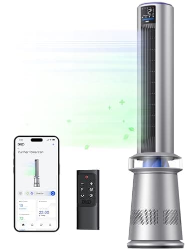 Dreo MC710S Air Purifier Tower Fan, 45" 2-in-1 Smart Fan for Bedroom, 27ft/s Velocity, 120°Oscillation, 24H Timer Bladeless Fans for Home, 25dB Low Noise, Standing Fan Works with Alexa, Silver Blue