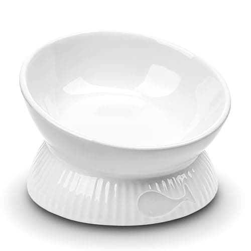 Kopmath Elevated Cat Bowl, Ceramic Tilted Cat Food Bowl, Anti Vomiting, Stress Free on Neck and Spine, Spill-Proof, Anti-Tipping, Dishwasher Safe, Raised Pet Bowls for Indoor, Dry/Wet Food, White