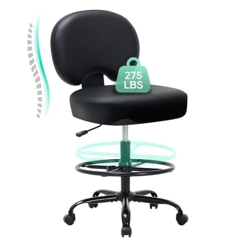 COLAMY Leather Drafting Chair - Tall Office Counter Height Desk Chair with Adjustable Footrest, 275lbs Capacity, Black