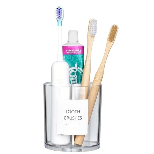 Acrylic Toothbush Hoder with White Divider for Bathroom Decor, Thick Clear Plastic Electronic Toothbrush and Toothpaste Organizer Stand for Bathroom Vanity Countertops, Bathroom Essentials Accessories