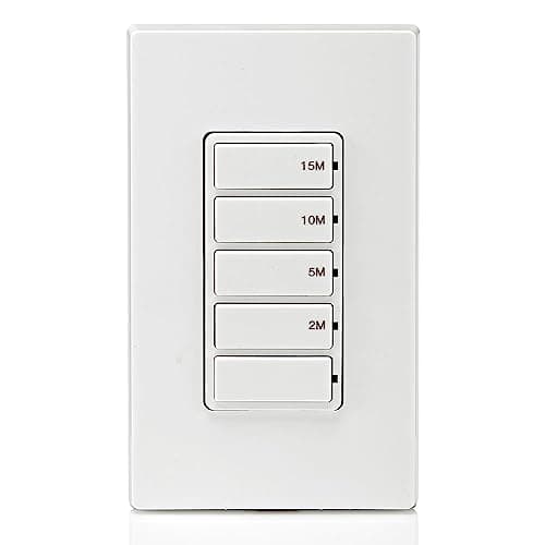 Leviton Countdown Timer Switch for bathroom fan and household lights, 2-5-10-15 min, No Neutral Required, Single Pole, 15A, 1/2 HP/9.8A Fan/Motor, DT115-1LW, White 12