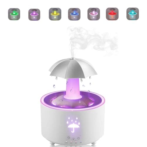 Rain Umbrella Humidifier Water Drip, 7 Colorful Raindrop Rotating Water Drop Aroma Diffuser Rain Drop Umbrella Diffuser Auto-Off with Rain Effect (White)
