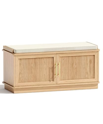 Akxomel Fluted Shoe Storage Bench with Cushion, 39.4" Entryway Bench with Adjustable Shelves and 2 Doors, Shoe Cabinet Bench with Curved Profile, for Hallway, Living Room, Bedroom, Natural Oak 8