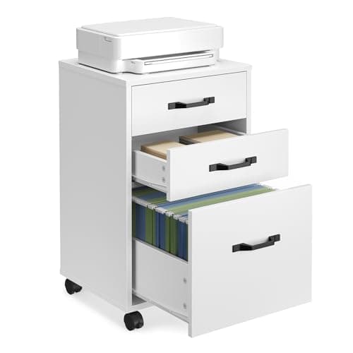 VASAGLE Mobile File Cabinet, 3 Drawers Filing Cabinet with Wheels, for Home Office, for A4, Letter Sized Documents, Adjustable Hanging Rail for File Folders, Cloud White UOFC065WB02S