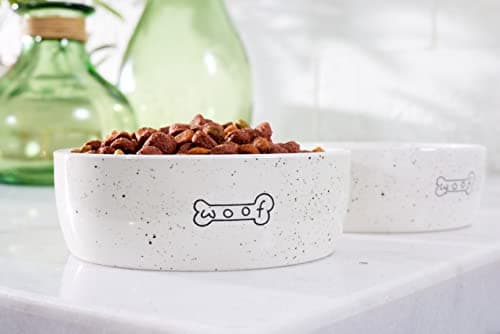Pearhead Ceramic Dog Bowl – “Woof” Speckled Pet Food & Water Dish, Durable Stoneware, Non-Slip Heavy Base, 20 oz, Medium 5