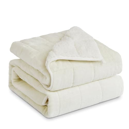 Sherpa Fleece Adult Weighted Blanket, 15 Pounds Dual Sided Soft Plush Blanket for Couch Bed Sofa, Heavy Thick Blankets with Glass Beads Great for Sleep, 48 x 72 inches, Cream White on Both Sides