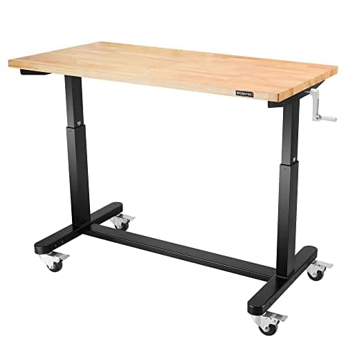 WORKPRO 48” Height Adjustable Work Table with Crank Handle and Casters, 48” x 24” Wooden Top Standing Desk Workbench, Heights from 29”-38”, 500 Lbs Load Capacity for Garage