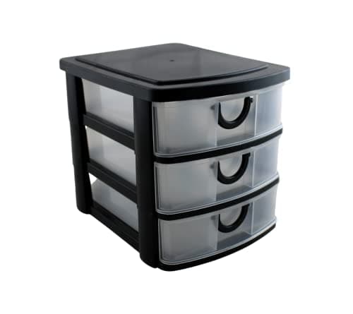 3 Drawer Mini Plastic Organizer Valet Makeup HBA Cosmetics Arts & Crafts Desktop Stationery Multi Purpose 7.5" x 6" x 6.5" (Black)