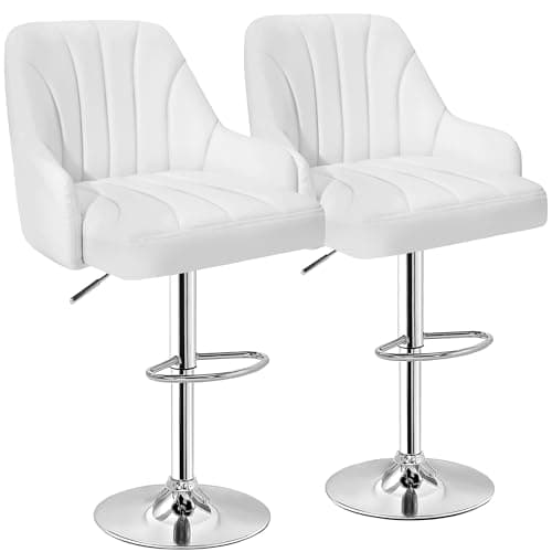 VECELO Bar Stools Set of 2, Adjustable Barstools, Counter Height Stools with Back and Arm, Kitchen Island Stools, Swivel PU Leather Stools, Modern Style, White