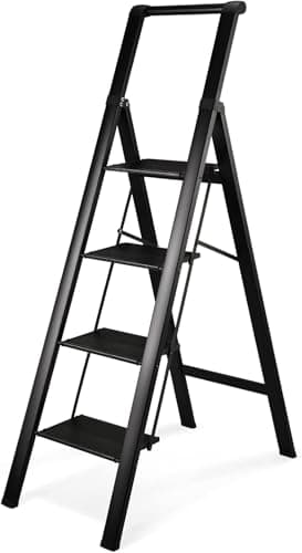 HBTower 4 Step Ladder with Handrail, Aluminum Compact Ladder, Folding Step Stool for Adults, Portable, Lightweight, 330 lbs Foldable Ladder for Home, Black