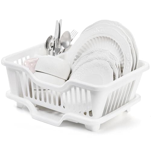 Noamus 2-Piece Plastic Dish Drying Rack, Heavy Duty Sink Set Dish Rack, White Large Drainer with Attached Drainboard Utensil Cup Holders for Home Kitchen Counter Top Organizers 8