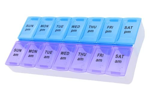 7 Day Weekly AM PM Pill Organizer, ShysTech Large Pill Case Pill Box for Pills Vitamin Supplements Medication (Purple/Blue)