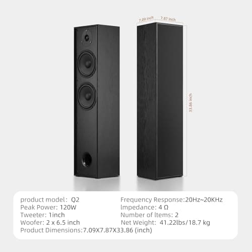 Elimavi Passive Floorstanding Stereo Speakers, Tower Design with 1" Tweeter and 6.5" Woofer, Two-Way System, 4-Ohm Impedance, 120W RMS, Sturdy MDF Cabinet, Ideal for Home Theater Systems, Black 7