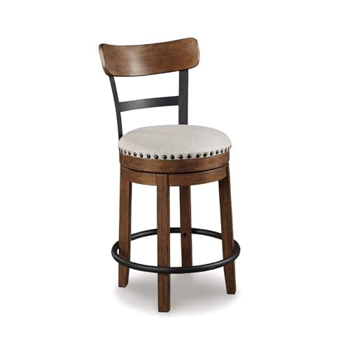 Signature Design by Ashley Valebeck Rustic Farmhouse Swivel Counter Height Bar Stool – 24.5″, 360° Swivel Chair Metal & Wood Frame, Polyester Upholstery – Brown Stools for Kitchen Counter