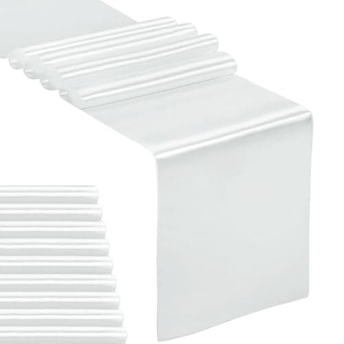 10-Pack Satin Table Runner Silver 12 x 108 inches Long, Table Runners for Wedding, Birthday Parties, Banquets Decorations（10 Pack, 12x108 Inch, Silver）