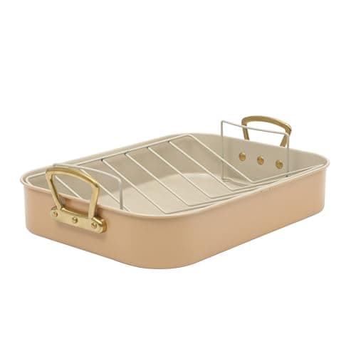 Gibson Home Broxton 2-Piece Nonstick Roaster Pan with Rack – 16 x 12 Inch Apricot Turkey Roasting Pan with Cast Aluminum Gold Handles – Oven-Safe, Easy-Clean, Holiday Cookware