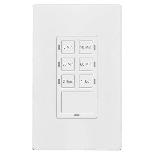 TG 4-Hour No Neutral Countdown Timer Switch, 5-10-30-60 Min, 2-4 Hour, for Bathroom Fans, Lights, 120VAC, Ground Wire Required, UL Listed, TS-C4HG, Screwless Wall Plate, White