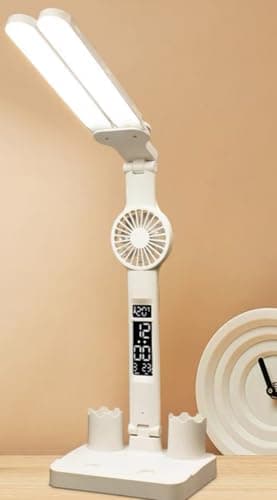 Sapphirem Table Lamp LED Desk Adjustable Bar for Light Direction with Fan, USB Charging Port, Clock, Date, Pen Storage, Temperature