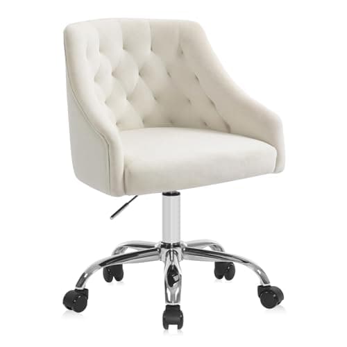 LOVSPATIO Home Office Chair, Velvet Swivel Adjustable Accent Vanity Chair with Arms Nailhead Trim for Bedroom, for to Living Room, Studying, Office (Ivory White)