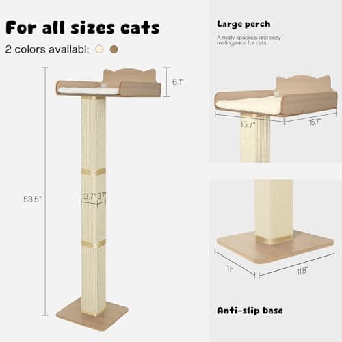 Cat Window Perch with Thick Sisal Scratching Post, Cat Hammock for Window, 53.5" Adjustable Tall Cats Scratching Post with 2 Upgrade Suction Cups, Cats Window Bed with Fluffy Cushion, Sisal 7