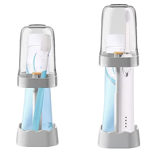 1 Pack 2 in 1 Bathroom Toothbrush Holder & Rinsing Cup with Adjustable Height, Dust Resistant and Water Draining Design, Toothbrush Holders with Cover (1, White)