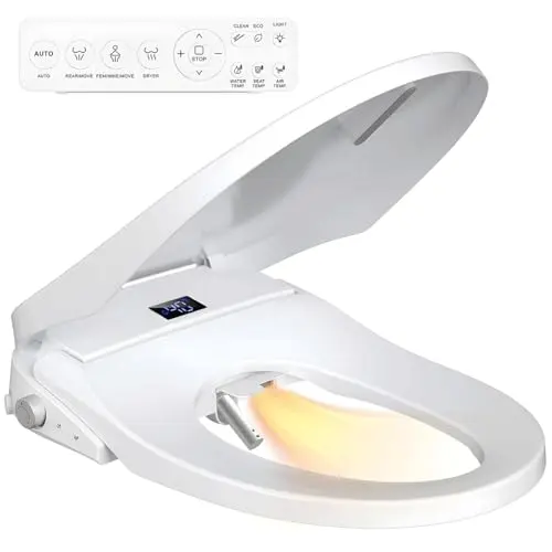 Bidet Toilet Seat, Electric Smart Heated Toilet Seat with Instant Warm Water & Dryer, Feminine & Front Rear Wash, Self-Clean Nozzle, Night Light, Wireless Remote, Soft Closed Toilet Lid, Elongated