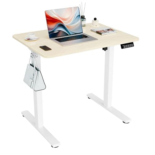 ERGOMAKER Electric Standing Desk, 31.5" x 23.6" Height Adjustable Sit Stand Desk with Splice Board for Home Office, Computer Desk Memory Preset (White Frame, Gold Oak Desktop)