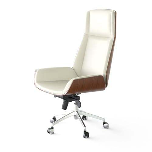 FOH Luxury Wooden Swivel and Adjustable Executive Chair, Wide Pu Leather Office Chair, Modern and Vintage Design High Back Computer Desk Chair for Conference Rooms and Home Offices (White)