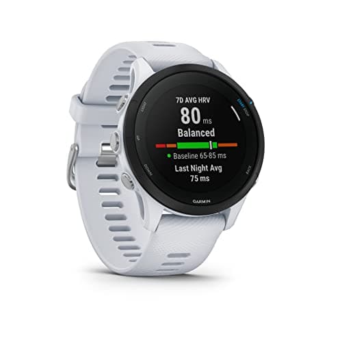 Garmin Forerunner 255 Music GPS Running Smartwatch, Advanced Insights, Long-Lasting Battery, Whitestone with Wearable4U White Earbuds Bundle 5