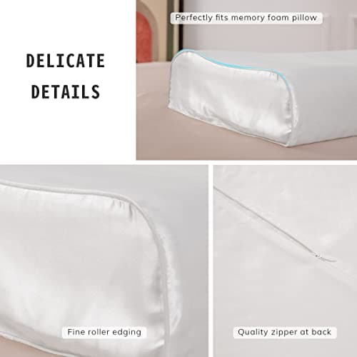 PROMEED Mulberry Silk Pillowcase for Contour Memory Foam Pillow, Natural 23 Momme Silk Memory Foam Pillow Case Cover, Pefect Fit for Royal Therapy Cervical Neck Pillow (White, Queen-24"x14.5"x5"/4.3") 5