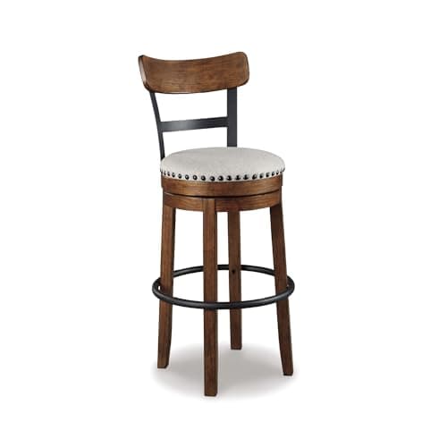 Signature Design by Ashley Valebeck | 30″ Farmhouse Pub-Height Swivel Barstool With Back For Kitchen Island– Upholstered Cushion, Nailhead Trim, Metal & Wood Frame, Brown Island Chairs