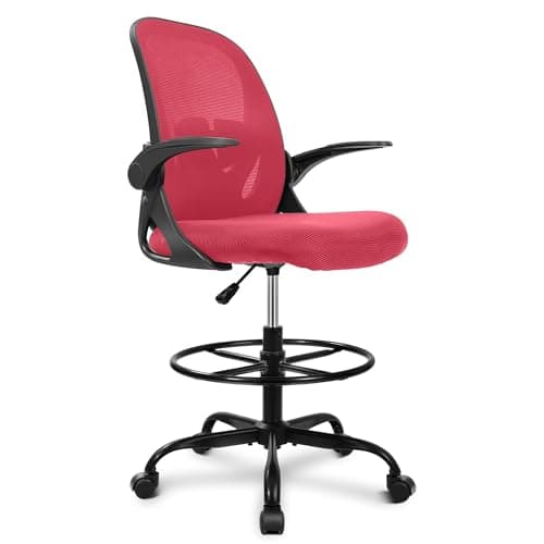 Primy Drafting Chair Tall Office Chair with Flip-up Armrests Executive Ergonomic Computer Standing Desk Chair with Lumbar Support and Adjustable Footrest Ring (Fire Brick)