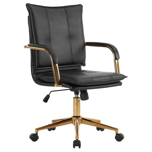 MOJAY Mid-Back Ergonomic Leather Office Desk Chair, Modern Upholstered Computer Chair, Executive Office Chair with Arms, Swivel Adjustable Rolling Chair with Gold Base (Black)