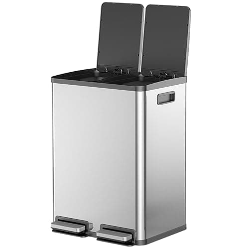 DUMOS Dual Compartment Trash Can, 2 x 9 Gallon Recycling Bin with Soft-Close Foot Pedal, Kitchen Garbage Can with Removable Inner Buckets, Fingerprint-Resistant, Space-Saving Waste Sorter