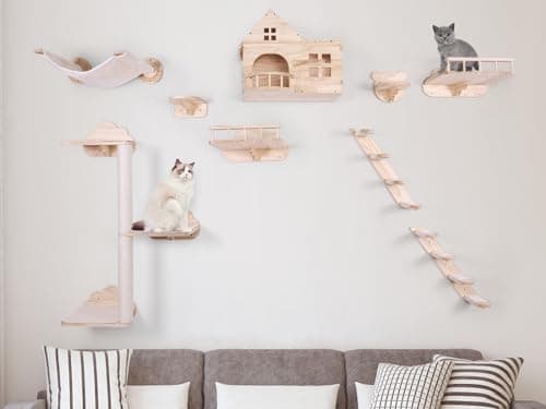 TQEW Cat Wall Furniture/Cat Wall Shelf 9 Piece Set with Sisal Scratching Posts, Bridge Ladders, Solid Wood
