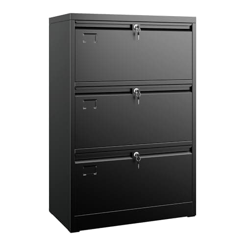 Aobabo 3 Drawer Wide Lateral File Cabinet, Metal Filing Cabinet with Lock, Suitable for Home Office School Hanging Files Letter/Legal/F4/A4 Size,Black,Required-Assembly,15.87" D x 28.94" W x 43.62" H