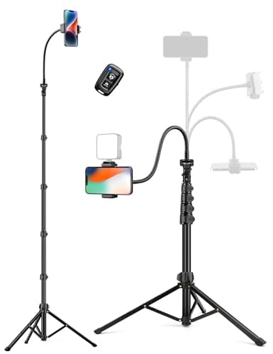 Phone Tripod, 86" Tall Tripod for iPhone with Flexible Gooseneck & Remote, Portable Aluminum Cellphone Stand for Selfies, Video Recording,Travel, Compatible with iPhone Android