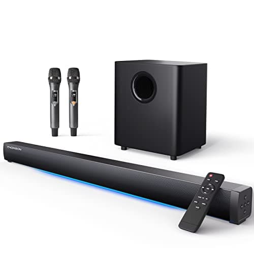 THOMSON Soundbar for TV with Subwoofer, Bluetooth 5.0 TV Speakers with 2 Wireless Microphones, Surround Stereo Sound System with HDMI ARC/Optical/AUX/USB, Wall Mountable, Remote Control Included