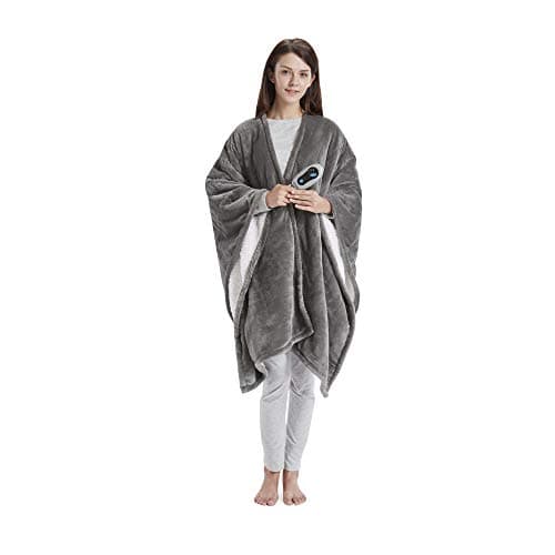 Beautyrest Wearable Electric Poncho Wrap Blanket, Ultra Soft Sherpa & Berber Fleece Heated Throw with Low EMF,UL Certified & OEKO-TEX,3 Heat Settings & 2 Hour Auto Shutoff, Gift-Ready, 50" x 64",Grey