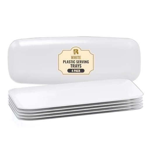 R-kay 4 Pack White Plastic Serving Trays for Party - White Serving Tray 17 by 6.5 in - Rectangular Heavy Duty Dessert Trays for Food