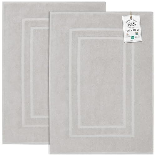 Feather & Stitch 100% Cotton Terry Bath Mats, 2 Piece Towel Like Bath Mats (30x21 Inch) Bathroom Shower Step Out Tub Floor Mats [NOT A Bathroom Rug] Soft Absorbent Washable Mats- Sliver