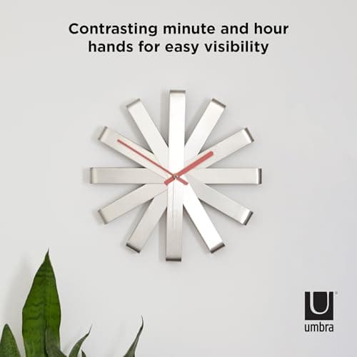 Umbra Ribbon Modern 12" Wall Clock, Silent Non Ticking Battery Operated Quartz Movement, Stainless Steel 7