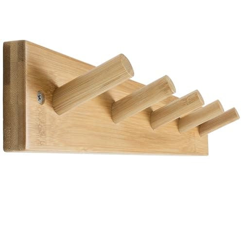 SKOLOO Wooden Wall Mounted Coat Rack,16'' Hole to Hole, 5 Pegs Bamboo Wall Hook for Hanging Clothes Robes Towels Hats,Natural Gold