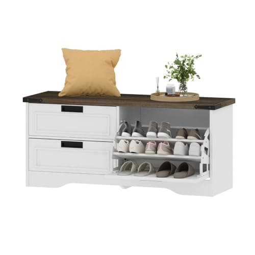 FATORRI Shoe Storage Bench with Flip Drawer, Wooden Entryway Bench, Modern Shoe Cabinet with Removable Drawers for Hallway, Living Room (Walnut Brown & White Oak) 9